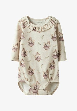 Body a maniche lunghe per neonati in cotone beige chiaro, con una stampa di scoiattoli in tonalità di marrone e lavanda, e un colletto arricciato.