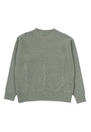 Maglione a maglia verde chiaro con collo rotondo e polsini a costine, caratterizzato da tre motivi a chevron testurizzati nella parte anteriore inferiore.