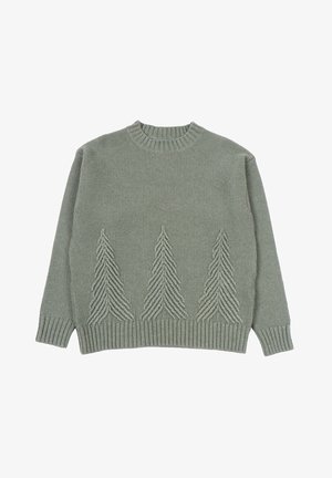 Maglione a maglia verde chiaro con collo rotondo e polsini a costine, caratterizzato da tre motivi a chevron testurizzati nella parte anteriore inferiore.