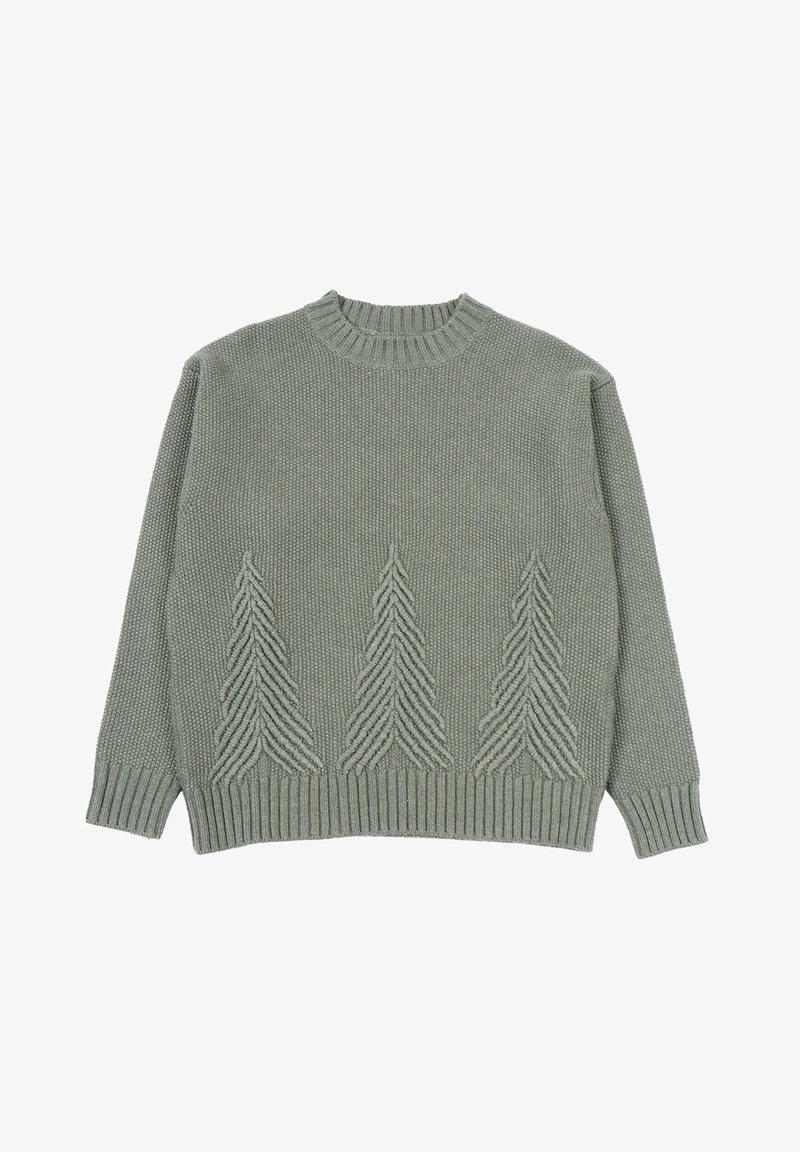Maglione a maglia verde chiaro con collo rotondo e polsini a costine, caratterizzato da tre motivi a chevron testurizzati nella parte anteriore inferiore.