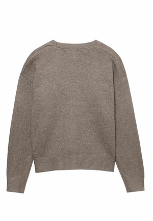 Brown knit sweater with a relaxed fit, crew neckline, ribbed cuffs, and hem. Soft texture, minimal stitching details, and no visible embellishments.