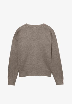 Brown knit sweater with a relaxed fit, crew neckline, ribbed cuffs, and hem. Soft texture, minimal stitching details, and no visible embellishments.
