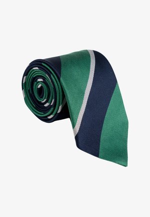 Opgerolde zijden stropdas met brede diagonale strepen in groen, marineblauw en dunne witte lijnen.
