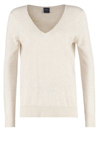 Pull en maille léger de couleur crème avec un col en V, des manches longues et un ourlet côtelé. Design simple avec une texture douce.