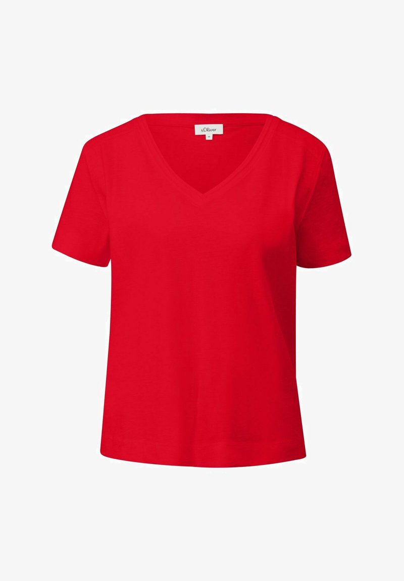Rotes kurzärmliges T-Shirt mit V-Ausschnitt, aus glattem Stoff gefertigt, mit lockerer Passform und ohne sichtbare Muster oder Akzente.