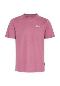 Kortærmet t-shirt i dæmpet lyserød, lavet af bomuld, med rund halsudskæring og et lille trykt logo i kontrastfarve på brystet.