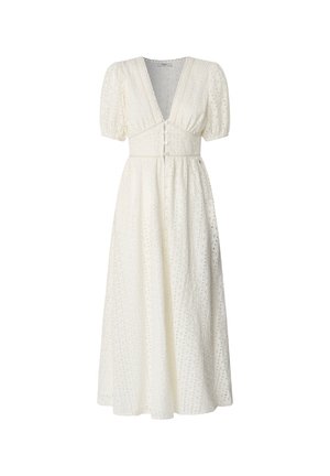 Robe midi blanche avec manches bouffantes, décolleté en V plongeant, tissu avec des détails en œillet, fermeture à boutons à la taille, jupe fluide.