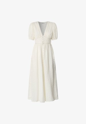 White midi dress with puff sleeves, deep V-neck, fabric featuring eyelet detailing, button closure at the waist, flowing skirt.