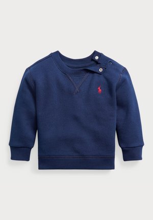 Felpa in cotone blu navy con maniche lunghe, polsini e orlo a coste, scollatura a V e bottoni laterali. Presenta un piccolo logo ricamato rosso.