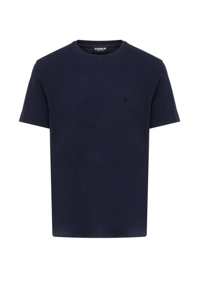 T-shirt blu navy in morbido cotone, con colletto girocollo, maniche corte e un piccolo logo nero sul petto.