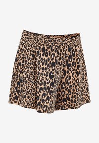 Jaguarprint nederdel med en flared design, elastisk talje og beige bund med sorte pletter, lavet af blødt, letvægtsstof.