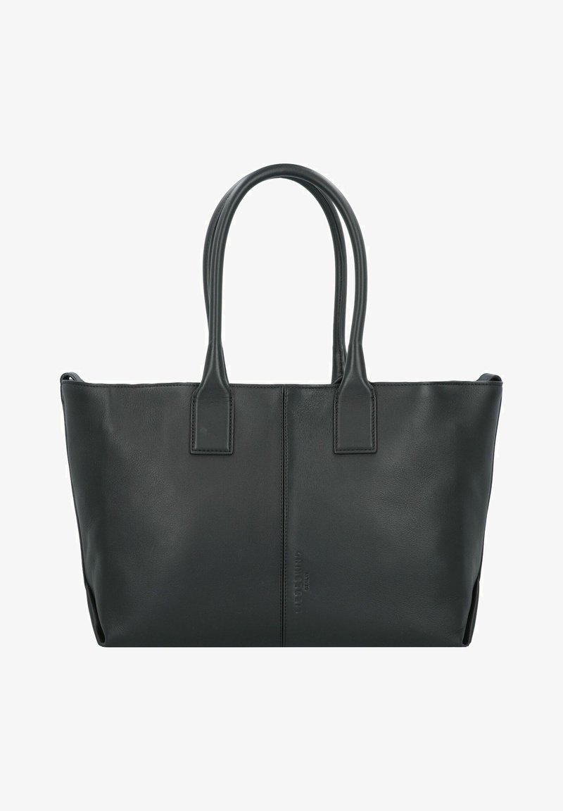 Sac fourre-tout en cuir noir avec deux poignées, de forme rectangulaire, texture lisse et design minimaliste. Présente un détail de logo discret.