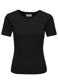 Černé tričko s krátkým rukávem vyrobené z žebrované látky. Má kulatý výstřih a přiléhavý tvar. Štítek viditelný uvnitř v oblasti krku.