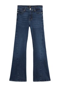 Donkerblauwe flared jeans gemaakt van denim, met een knoopsluiting, vijfzakkenontwerp en contrasterende stiksels langs de naden.