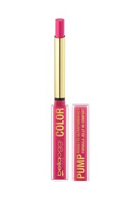 Prodotto per labbra rosa in un tubetto trasparente, con applicatore dorato e etichetta in bold gialla. Design compatto e moderno.