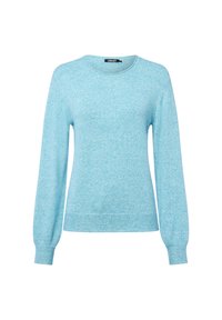 Hellblaue langärmlige Strickjacke mit rundem Ausschnitt sowie gerippten Bündchen und Saum, unifarbene Textur, mit dem Etikett "Olsen" im Kragen.
