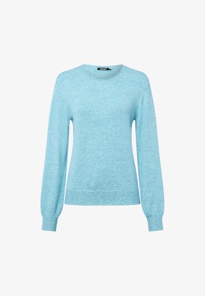 Hellblaue langärmlige Strickjacke mit rundem Ausschnitt sowie gerippten Bündchen und Saum, unifarbene Textur, mit dem Etikett "Olsen" im Kragen.