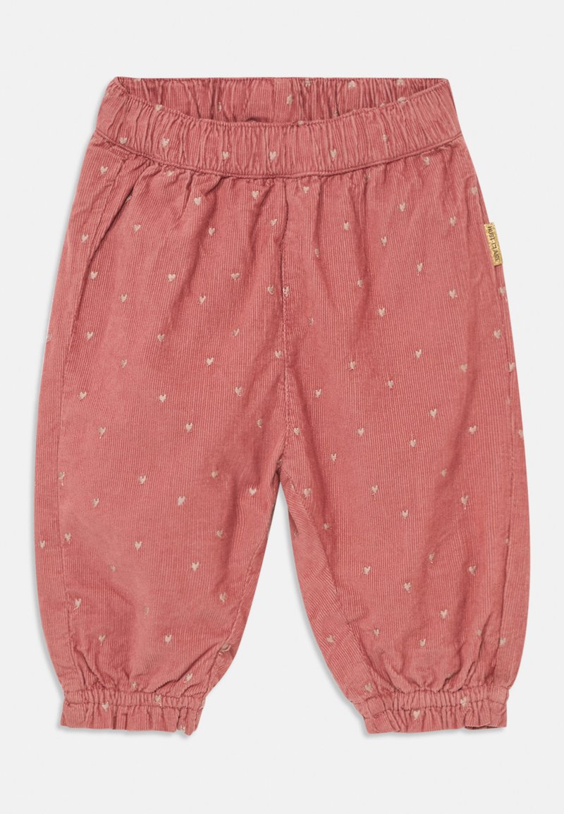 Corduroy pants in dusty rose with elastic waistband, tapered cuffs, and small heart-shaped embroidery accents. Soft texture and relaxed fit.