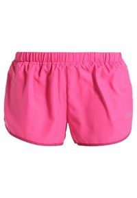 Pantalones cortos deportivos rosas hechos de un tejido ligero, con una cinturilla elástica, corte holgado y un dobladillo que se curva ligeramente. Sin marcas visibles.