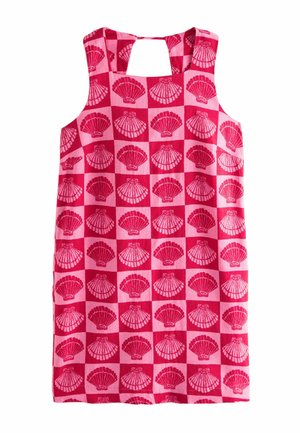 Roze mouwloze jurk met een herhalend schelpenpatroon in dieproze, gemaakt van katoenen stof met een keyhole-ontwerp aan de achterkant.