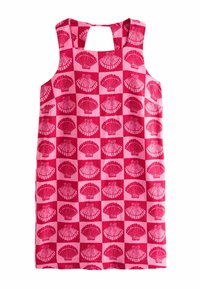 Rosa ärmelloses Kleid mit sich wiederholendem Muschel-Muster in dunklerem Rosa, aus Baumwollstoff mit einem Schlüsselloch-Design am Rücken.