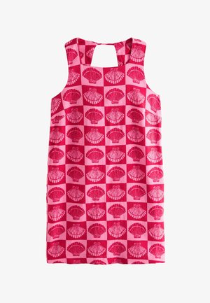 Roosa varrukateta kleit tumedama roosa korduva kestamustriga, valmistatud puuvillakangast, tagaava ja lõikega.