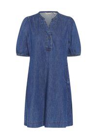 Denim dress with a deep V-neck, short puff sleeves, single button detail, two side pockets, and a relaxed fit. Stone-washed blue color.