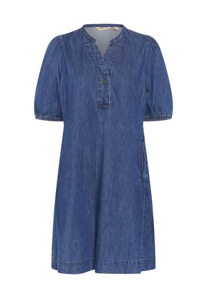 Denimkleit, millel on sügav V-kaelus, lühikesed puhvärgid, üksnupuline detail, kaks küljetaskut ja mugav lõige. Kivi pestud sinine värv.