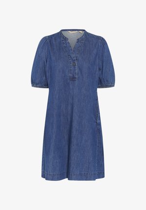 Denimkleit, millel on sügav V-kaelus, lühikesed puhvärgid, üksnupuline detail, kaks küljetaskut ja mugav lõige. Kivi pestud sinine värv.