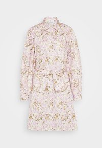 Φόρεμα με φλοράλ σχέδιο, που διαθέτει μακριά μανίκια, γιακά και ζώνη στη μέση. Τα χρώματα περιλαμβάνουν απαλό ροζ, κρέμα και γήινες αποχρώσεις.