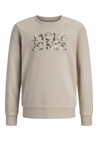 Felpa beige con collo rotondo a coste, maniche lunghe e logo "JACK & JONES" testurizzato con stampa fogliame. Tessuto dalla texture liscia.