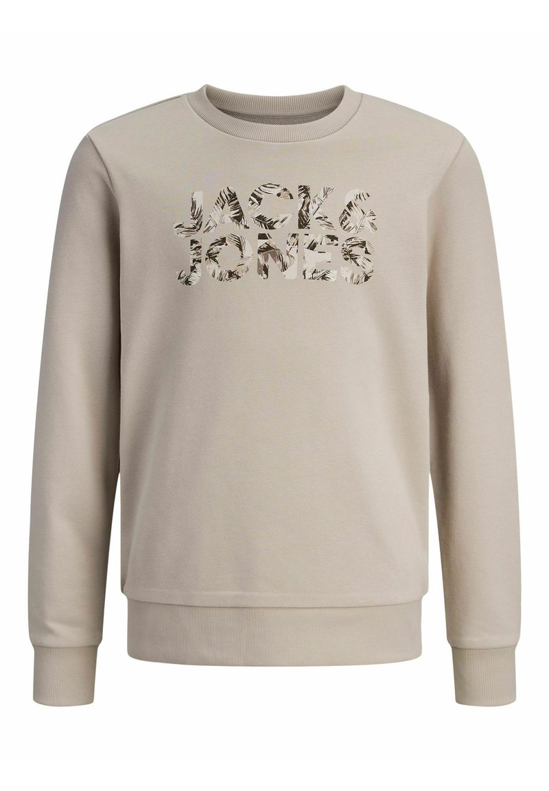 Felpa beige con collo rotondo a coste, maniche lunghe e logo "JACK & JONES" testurizzato con stampa fogliame. Tessuto dalla texture liscia.