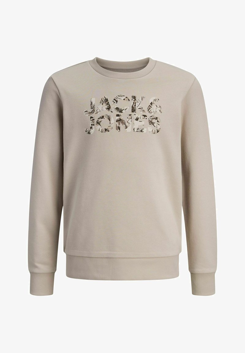 Felpa beige con collo rotondo a coste, maniche lunghe e logo "JACK & JONES" testurizzato con stampa fogliame. Tessuto dalla texture liscia.
