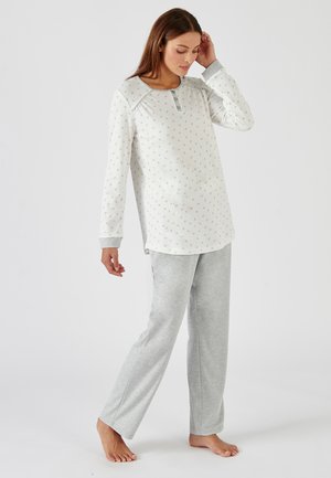 Light gray pajama set with long-sleeve top featuring floral pattern and buttoned neckline, paired with matching gray trousers, cotton material.