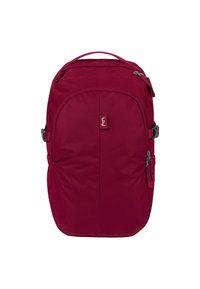 Zaino bordeaux in tessuto strutturato, con scomparti multipli, spallacci regolabili e chiusure con zip. Presenta un'etichetta con logo sulla parte anteriore.