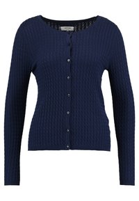 Cárdigan de punto azul marino con un patrón texturizado, mangas largas, escote redondeado y cierre de botones en la parte delantera.