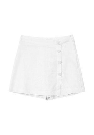 Weiße Leinen-Shorts mit einem vorderen Knopfverschluss, ausgestattet mit einem gesteppten Saum und einer lockeren Passform. Es sind keine Muster oder Verzierungen vorhanden.