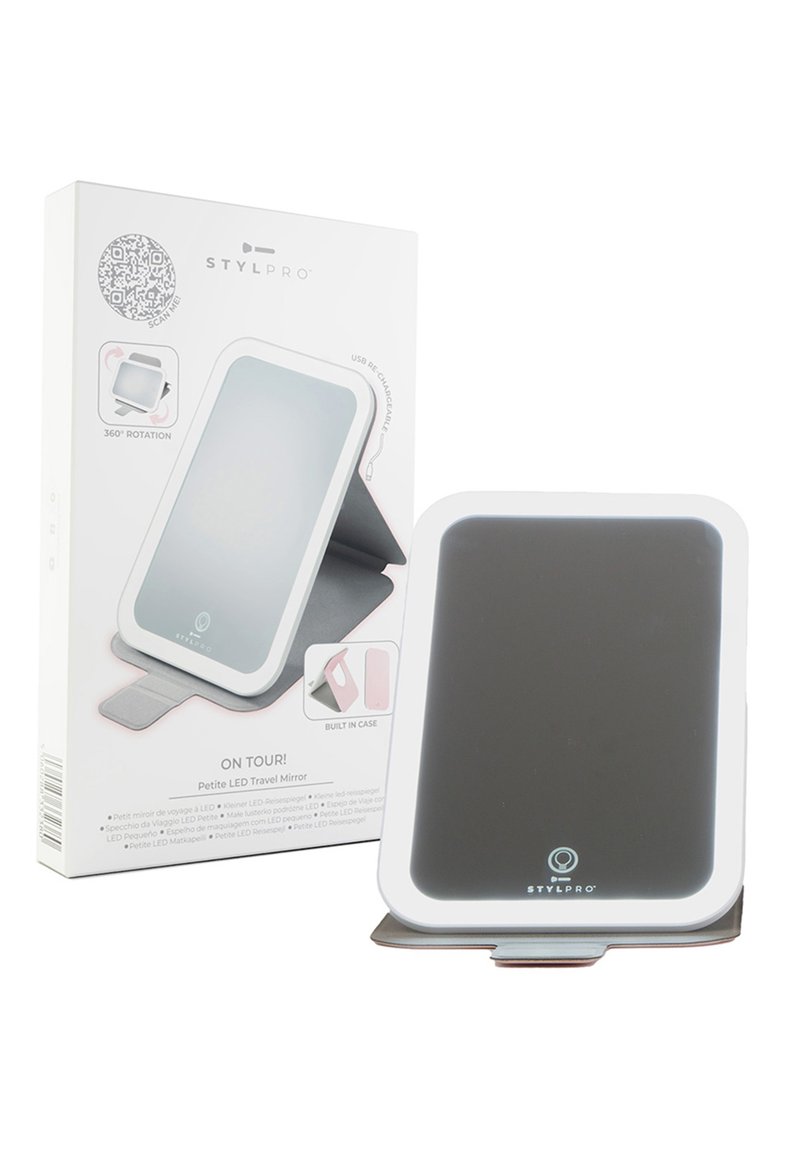 Kleiner Reise-LED-Spiegel mit einem weißen Kunststoffrahmen, grauer reflektierender Oberfläche und integriertem Etui. Verfügt über eine 360°-Drehung und ein USB-wiederaufladbares Design.
