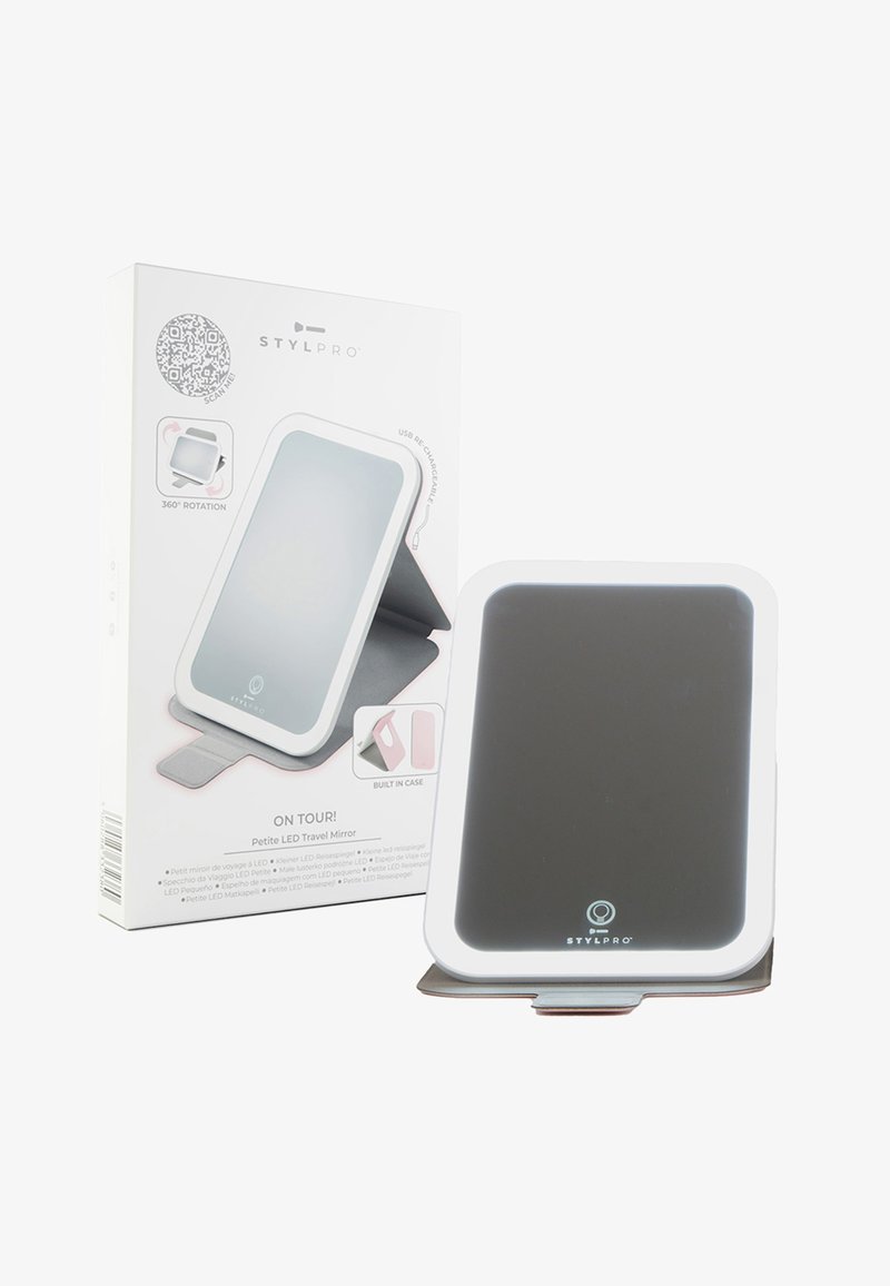 Kleiner Reise-LED-Spiegel mit einem weißen Kunststoffrahmen, grauer reflektierender Oberfläche und integriertem Etui. Verfügt über eine 360°-Drehung und ein USB-wiederaufladbares Design.