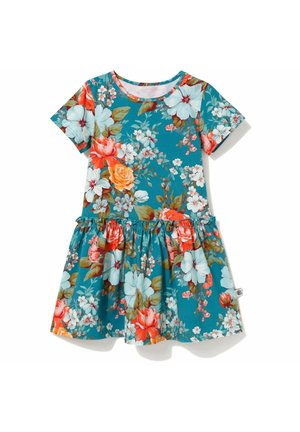 Sukienka w kolorze morskim z krótkim rękawem, w pomarańczowe, białe i żółte kwiaty, z marszczonym paskiem w talii.