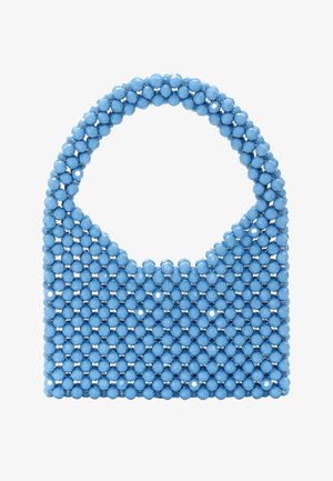 Blaue Perlenhandtasche mit runden, glatten Perlen, strukturierten Form und einem halbkreisförmigen Griff. Einheitliche Textur und keine sichtbaren Beschläge.