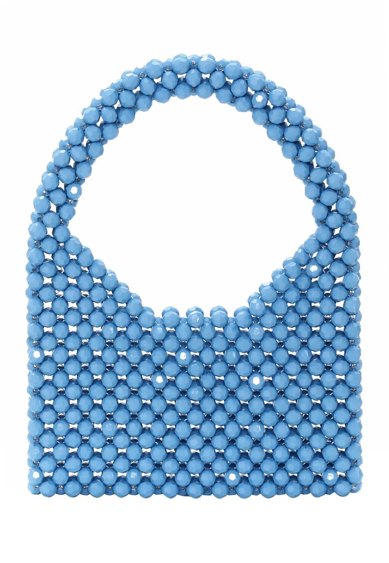 Borsa a mano blu con perline rotonde e lucide, forma strutturata e manico semicircolare. Texture uniforme e nessun hardware visibile.
