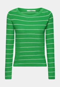 Pull en tricot vert à manches longues avec de fines rayures horizontales blanches et un col rond.