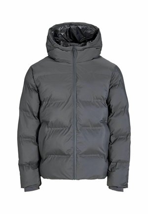 Giubbotto svasato grigio con cappuccio, caratterizzato da una texture liscia e imbottita, chiusura frontale con zip e tasche laterali. Interno foderato in un materiale a contrasto.