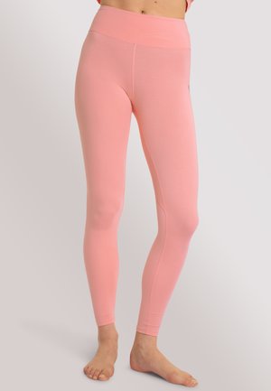 Rosa Leggings aus dehnbarem Stoff mit hohem Bund, die eine glatte Textur und eine enganliegende Passform aufweisen. Keine sichtbaren Muster oder Akzente.