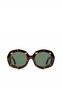 Lunettes de soleil oversize en écaille brune avec des verres verts, dotées d'une monture angulaire en forme d'octogone et de branches fines.