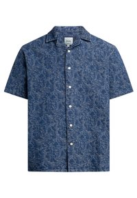 Short-sleeve button-up shirt in textured dark blue fabric with a subtle pattern and a classic collar. Features white buttons down the front.
