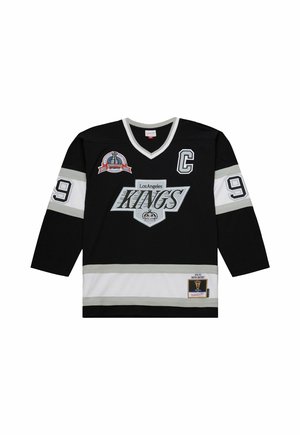 Maglia da hockey dei Los Angeles Kings in bianco e nero, con maniche lunghe, collo a V, loghi ricamati e numero di giocatore 99.
