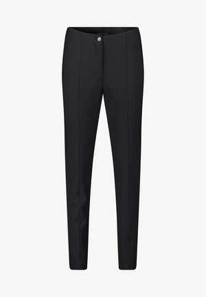 Black tailored trousers with a slim fit, featuring a front button closure, belt loops, and vertical seams for a streamlined appearance.