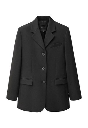 Black blazer made of wool blend fabric, featuring a notched collar, three front buttons, two flap pockets, and a single chest pocket.